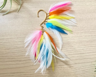 Feather Ear Wrap, Gold Tone, Ear Cuff with Feathers, Rainbow Unicorn, Feather Cuff, Natural Feather Earring, Ear Wrap Cuff, Festival