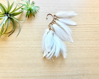 Feather Ear Wrap, Gold Tone, Ear Cuff with Feathers, White, Feather Cuff, Natural Feather Earring, Wrap/ cuff with Beads, Festival