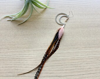 Feather Earring, Steel Moon Single Grizzly Feather Earring, Bohemian Jewelry, Brown, Long Feather Earrings w/ Celestial Theme, Moon Phase