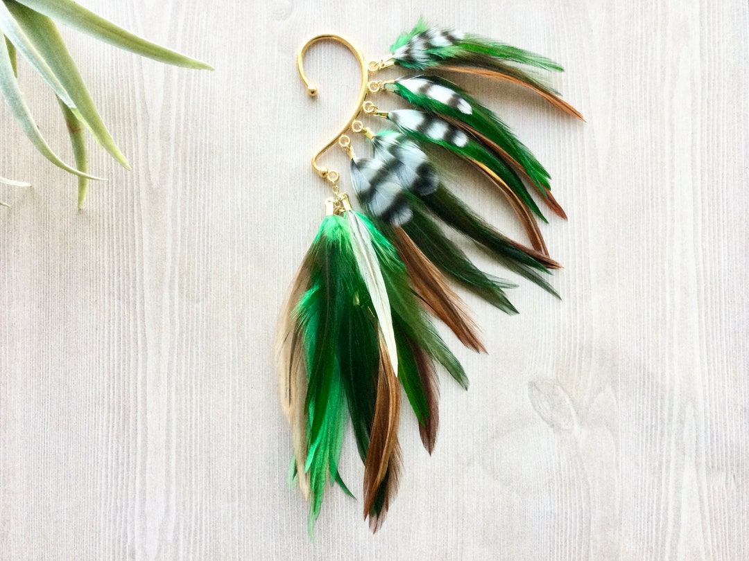 Feather Ear Wrap Gold Tone Ear Cuff With Feathers Emerald Etsy