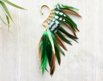 Feather Ear Wrap, Gold Tone, Ear Cuff with Feathers, Emerald Green Feathers, Feather Earring, Natural Tones, Festival Wear, Rustic