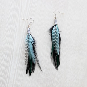 Feather Earrings, Teal & Black Feather Earrings, Drop Earring with Silver and Feathers, Grizzly Feather Earring, Bohemian Fashion