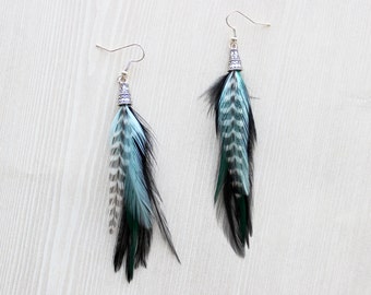 Feather Earrings, Teal & Black Feather Earrings, Drop Earring with Silver and Feathers, Grizzly Feather Earring, Bohemian Fashion