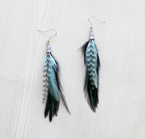 Teal feather earrings deals