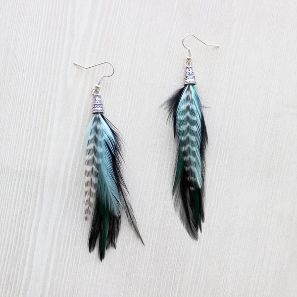 Feather Earrings, Teal & Black Feather Earrings, Drop Earring with Silver and Feathers, Grizzly Feather Earring, Bohemian Fashion