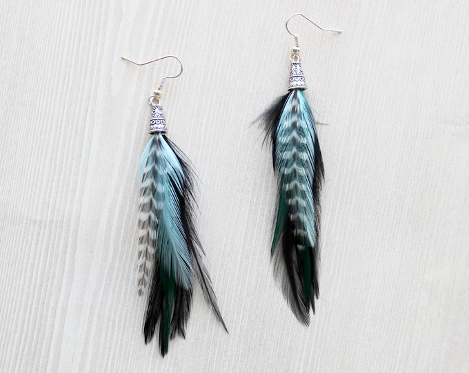 Teal & Black Feather Earrings: Boho .925 Silver Drop Earrings