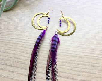 Feather Earring, Brass Moon Grizzly Feather Earring, Bohemian Jewelry, Long Feather Earrings w/ Celestial Theme, Moon Phase, PAIR