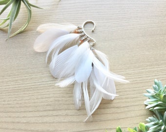 Feather Ear Wrap, Silver Tone, Ear Cuff with Feathers, White Feather Earring, Wedding Jewelry, EDM, Festival Wear, Bohemian Jewelry, Beading