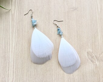 Feather Earring, Aquamarine and White Natural Tone, Drop Earrings, Festival Vibes, Beach Wear, Stone Chip Jewelry, Beach Wear, Wedding