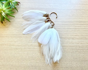 Feather Ear Wrap, Gold Tone, Ear Cuff with Feathers, White, Feather Cuff, Natural Feather Earring, Wrap/ cuff with Beads, Festival