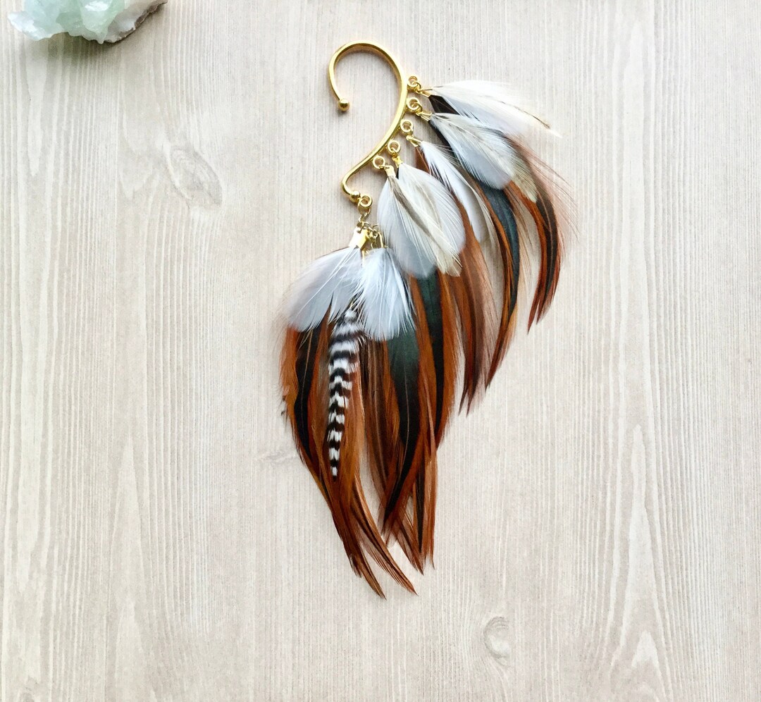 Feather Ear Wrap, Gold Tone, Ear Cuff With Feathers, Natural Feather