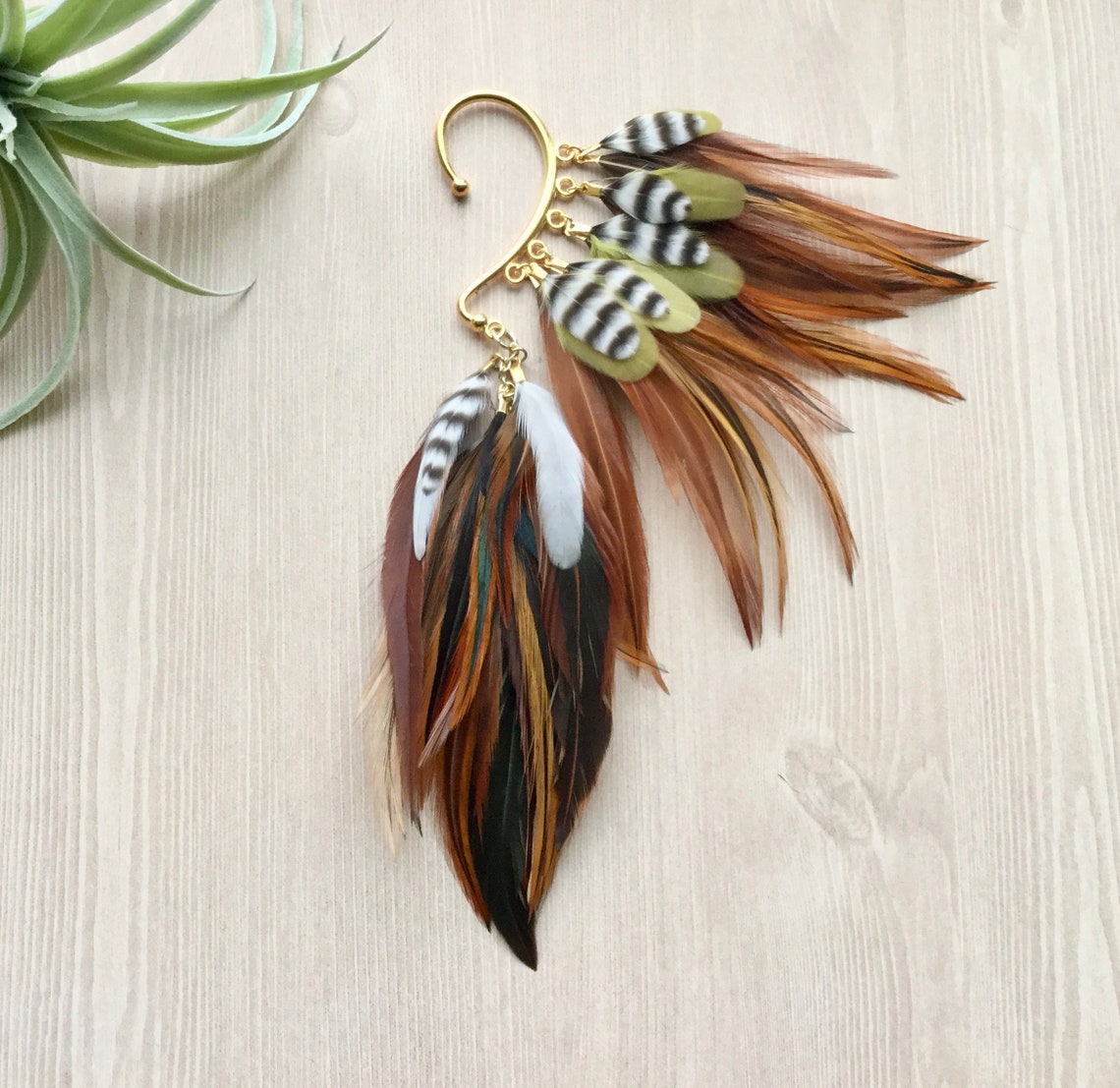 Feather Ear Wrap Gold Tone Ear Cuff With Feathers Natural Etsy