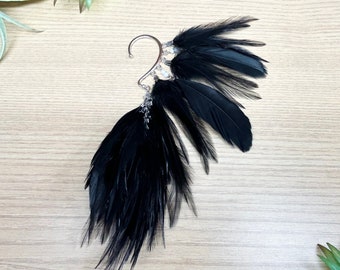 Envoltura de oreja de plumas, tono plateado, manguito de oreja con plumas, negro azabache, manguito de plumas, pendiente de plumas naturales, envoltura/manguito con cuentas, festival