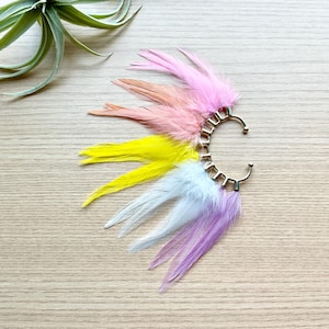 Feather Ear Wrap, Gold Tone, Ear Cuff with Feathers, Wedding Jewelry, Pastel Rainbow Feather Earring, Cuff for Ear, Festival Jewelry