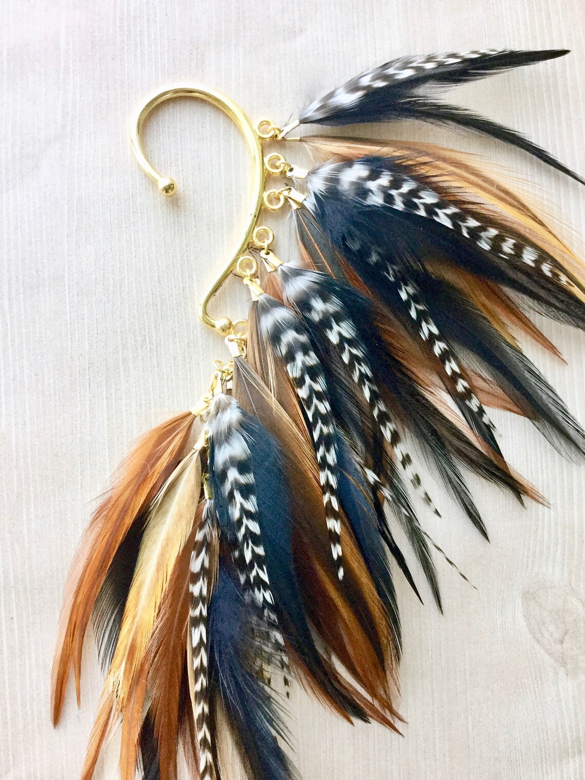 Feather Ear Wrap Gold Tone Ear Cuff With Feathers Rustic Etsy
