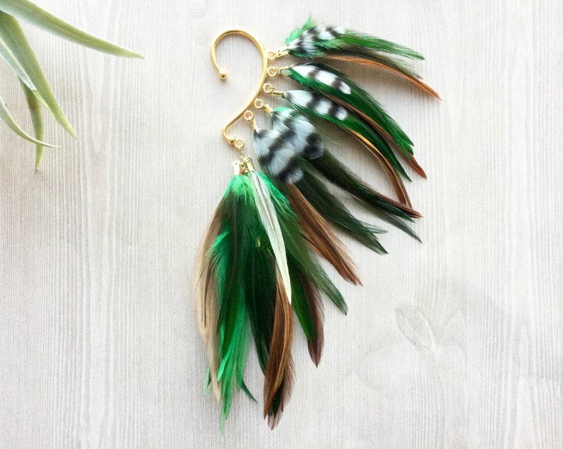 Feather Ear Wrap Gold Tone Ear Cuff With Feathers Emerald Etsy