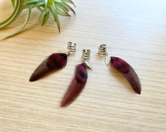 Feather Ear Cuff, Ear Clip, Silver Cuff, Burgundy Feather Jewelry, Silver Ear Cuff with Dangle Feather, Boho Style (SINGLE)