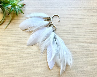 Feather Ear Wrap, Silver Tone, Ear Cuff with Feathers, White, Feather Cuff, Natural Feather Earring, Wrap/ cuff with Beads, Festival