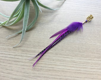 Feather Ear Cuff, Brass Cuff, Ear Clip, Natural Feather Jewelry, Purple Feather Earring Cuff, Boho Style, Long Feather Earring (SINGLE)