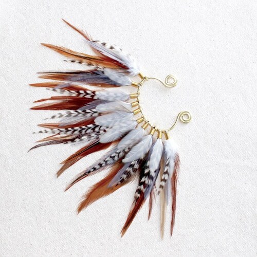 Feather Ear Wrap Gold Tone Ear Cuff With Feathers Natural Etsy