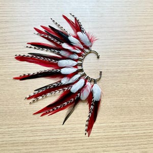 Feather Ear Wrap, Ear Cuff with Feathers,  Natural and Hand Dyed Feathers, Cuff for Ear, Festival Jewelry, Statement Earring, Red and Black