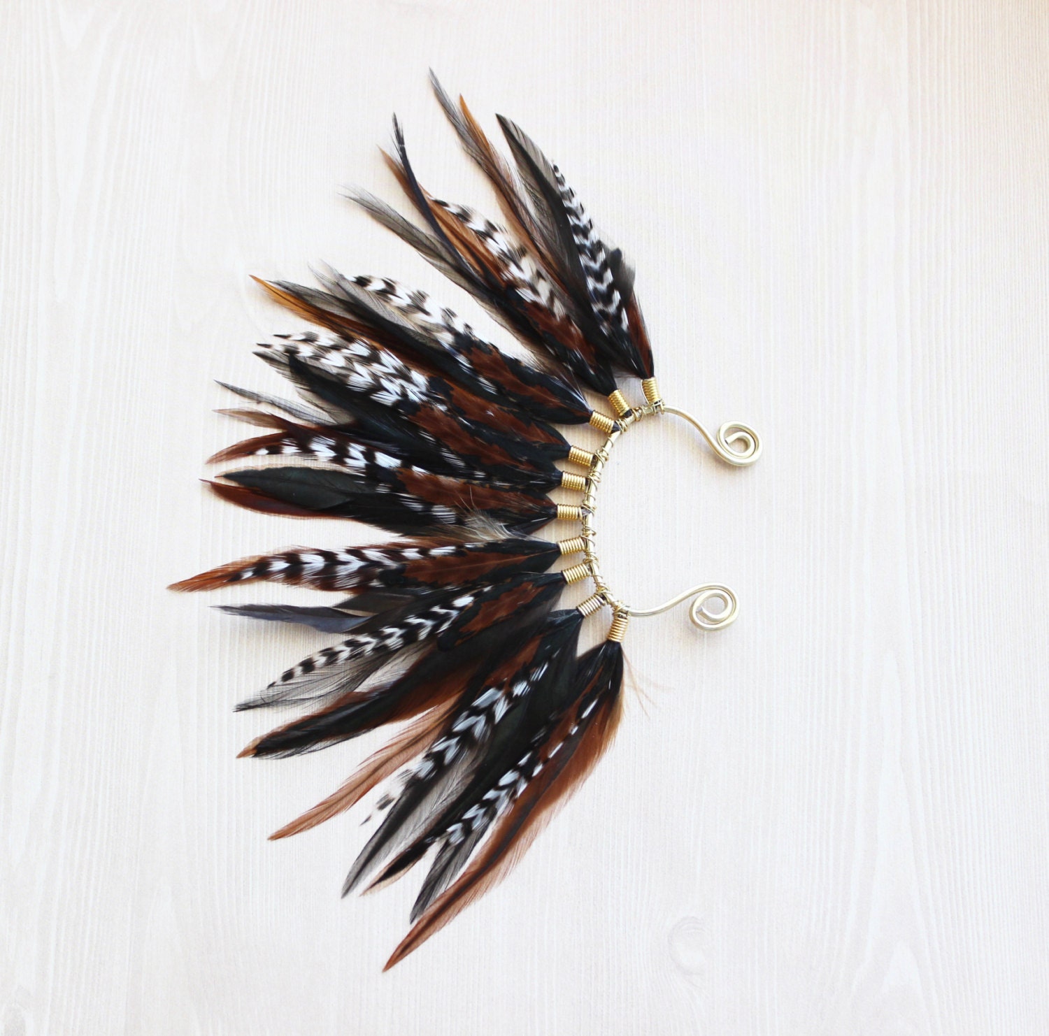 Feather Ear Wrap Gold Tone Ear Cuff with Feathers Brown Etsy