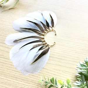 Feather Ear Wrap, Gold Tone, Ear Cuff with Feathers, Wedding Jewelry, Natural White Feather Earring, Cuff for Ear, Festival Jewelry image 5