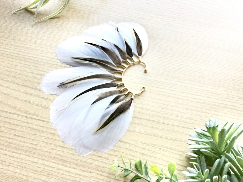 Feather Ear Wrap, Gold Tone, Ear Cuff with Feathers, Wedding Jewelry, Natural White Feather Earring, Cuff for Ear, Festival Jewelry image 5