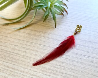 Feather Ear Cuff, Ear Clip, Brass Cuff, Red Feather Jewelry, Gold Ear Cuff with Dangle Feather, Boho Style (SINGLE)