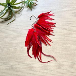 Feather Ear Wrap. Natural and Hand-Dyed Feather Ear Wrap. Festival Feather Earring. Statement Ear Cuff. Boho Jewelry, Flame Red Feathers