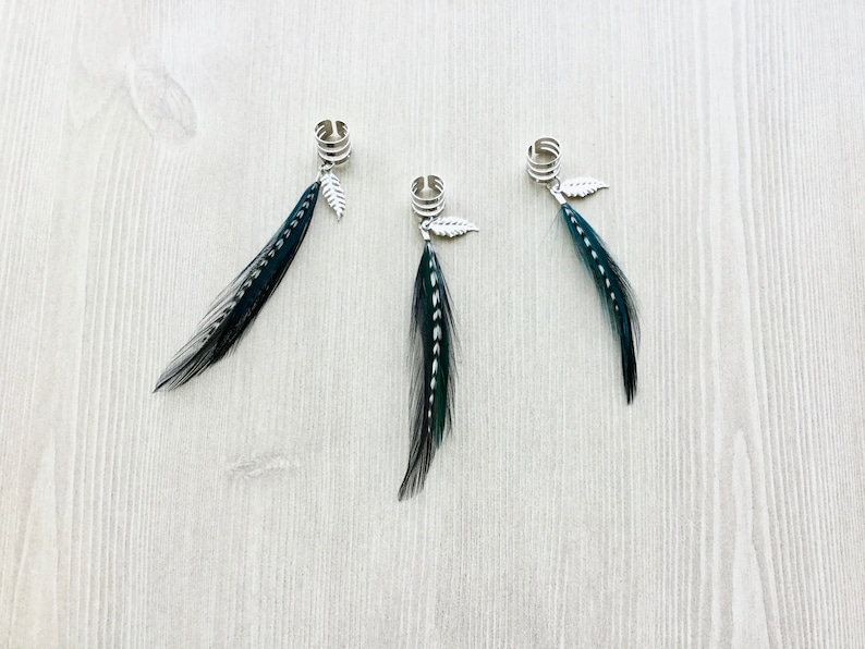 Feather Ear Cuff, Ear Clip, Silver Cuff, Teal and Black Feather Jewelry, Renaissance Style, Boho SINGLE image 3