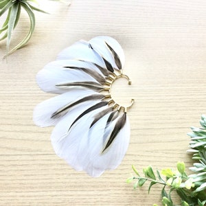 Feather Ear Wrap, Gold Tone, Ear Cuff with Feathers, Wedding Jewelry, Natural White Feather Earring, Cuff for Ear, Festival Jewelry image 2