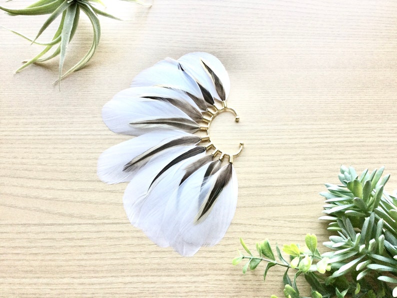 Feather Ear Wrap, Gold Tone, Ear Cuff with Feathers, Wedding Jewelry, Natural White Feather Earring, Cuff for Ear, Festival Jewelry image 2