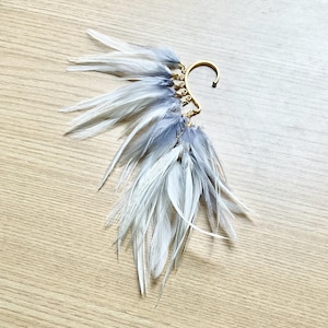 Feather Ear Wrap. Natural and Hand-Dyed Feather Ear Wrap. Festival Feather Earring. Statement Ear Cuff. Boho Jewelry, White and Gray