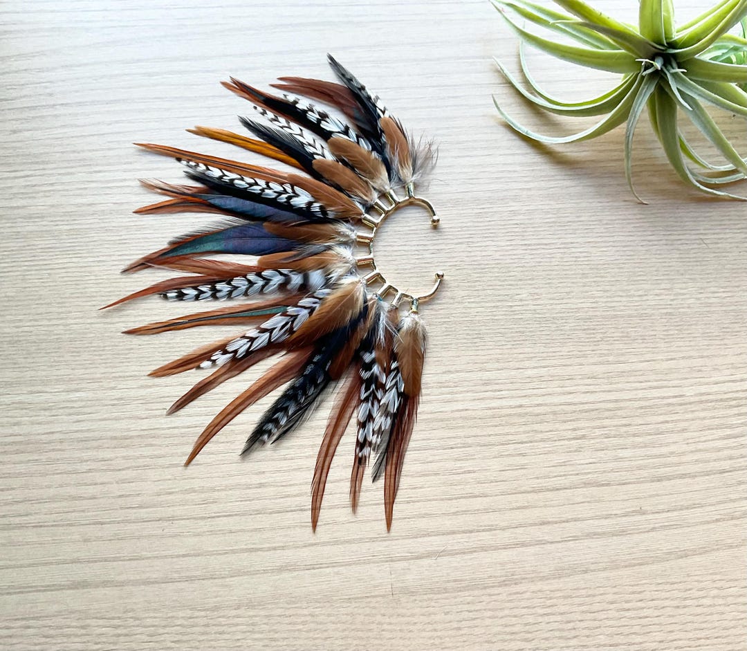 Black and Brown Feather Ear Cuff: Gold Tone Ear Wrap, Festival Jewelry ...