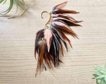 Feather Ear Wrap, Gold Tone, Ear Cuff with Feathers, Rustic Brown & Peach, Feather Cuff, Natural Feather Earring, Ear Wrap Cuff, Festival