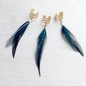 Feather Ear Cuff, Ear Clip, Brass Cuff, Teal and Black Feather Jewelry, Boho Style (SINGLE)