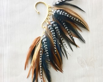 Feather Ear Wrap, Gold Tone, Ear Cuff with Feathers, Rustic Brown & Black, Feather Cuff, Natural Feather Earring, Ear Wrap Cuff, Festival