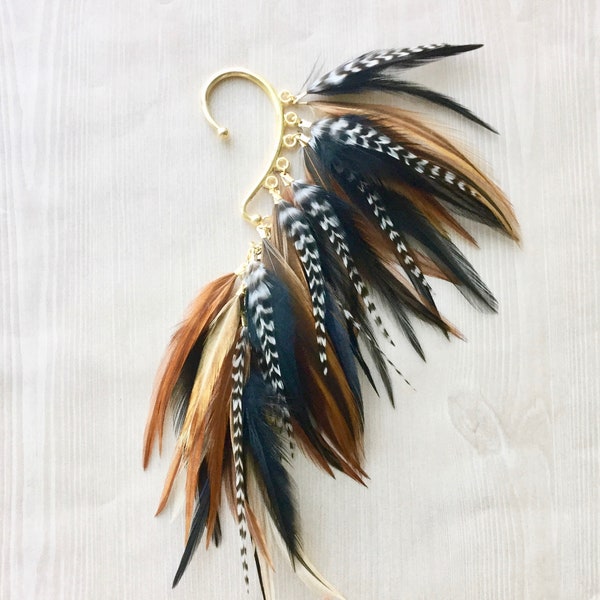 Tour d'oreille en plumes, doré, bijou d'oreille avec plumes, marron rustique et noir, manchette en plumes, boucle d'oreille en plumes naturelles, bijou d'oreille, festival