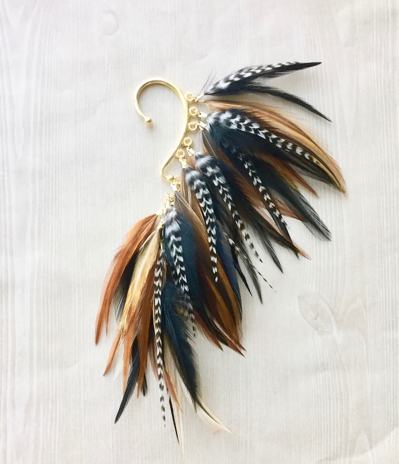 Feather Ear Wrap Gold Tone Ear Cuff With Feathers Rustic Etsy