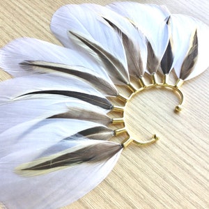 Feather Ear Wrap, Gold Tone, Ear Cuff with Feathers, Wedding Jewelry, Natural White Feather Earring, Cuff for Ear, Festival Jewelry image 6