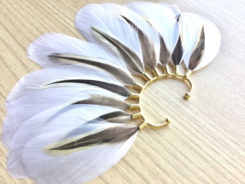Feather Ear Wrap, Gold Tone, Ear Cuff with Feathers, Wedding Jewelry, Natural White Feather Earring, Cuff for Ear, Festival Jewelry image 6
