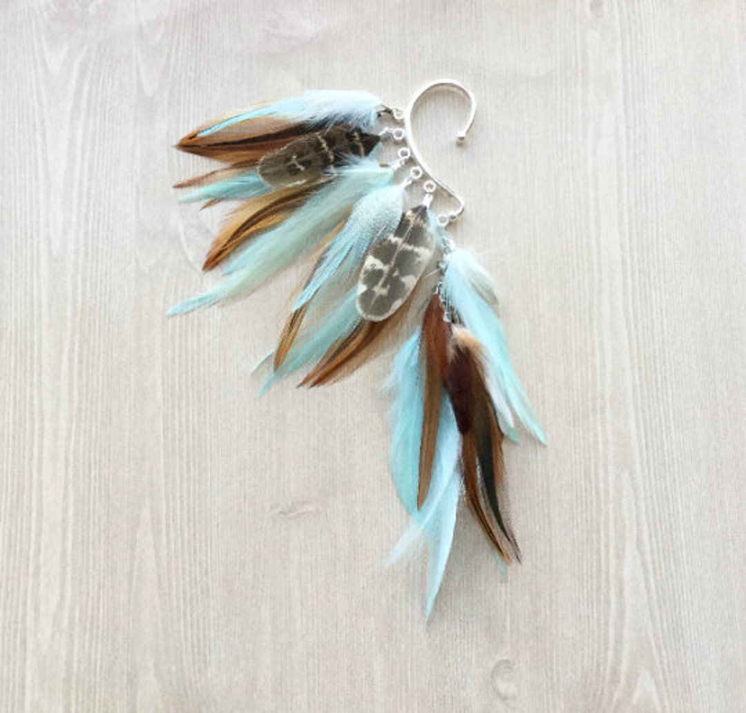 Feather Ear Wrap, Silver Tone, Ear Cuff With Feathers, Mint Feather