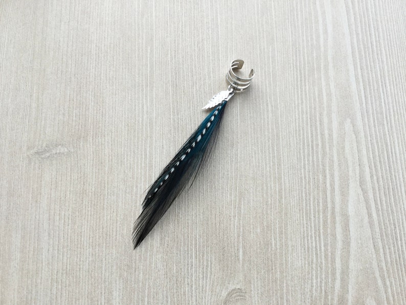 Feather Ear Cuff, Ear Clip, Silver Cuff, Teal and Black Feather Jewelry, Renaissance Style, Boho SINGLE image 5