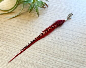 Feather Ear Cuff, Ear Clip, Silver Cuff, Red and Black Feather Jewelry, Boho Style, Extra Long Feather (SINGLE)