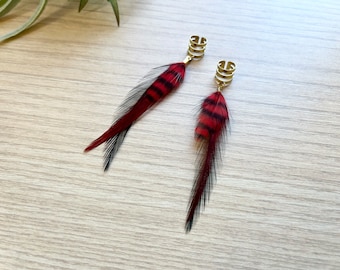 Feather Ear Cuff, Ear Clip, Brass Cuff, Red and Black Feather Jewelry, Boho Style (SINGLE)