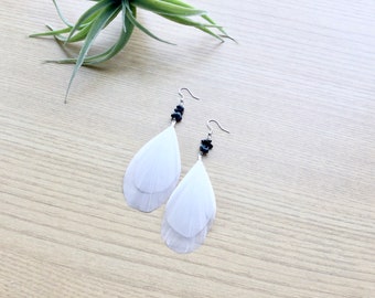 Feather Earring, Snowflake Obsidian & White Natural Feather Earrings, Bohemian Drop Earrings, Festival Vibes, Beach Wear, Stone Chip Jewelry