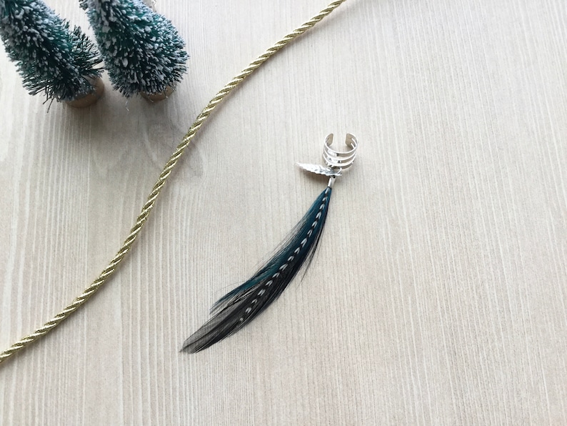 Feather Ear Cuff, Ear Clip, Silver Cuff, Teal and Black Feather Jewelry, Renaissance Style, Boho SINGLE image 2