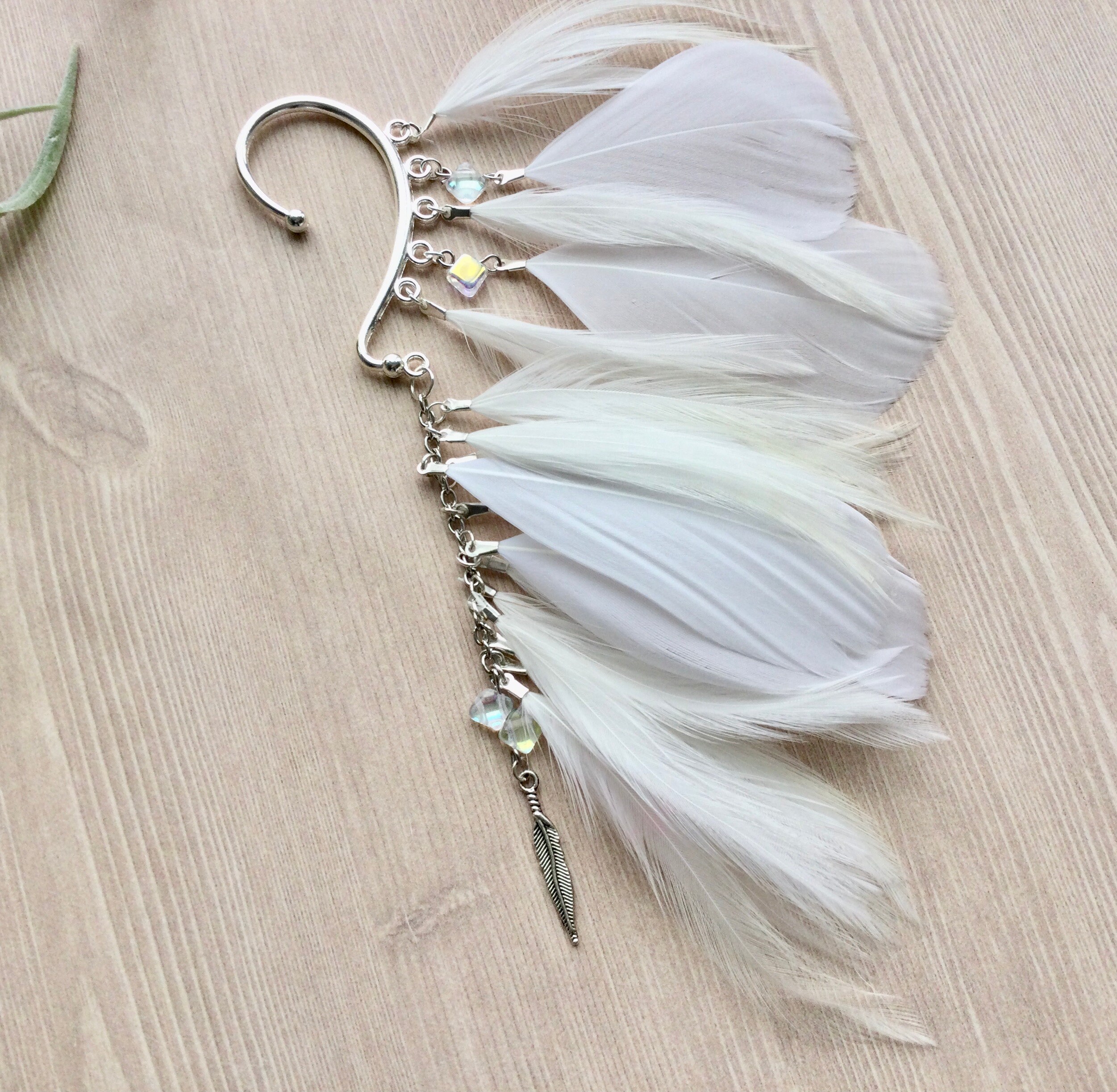 Feather Ear Wrap Silver Tone Ear Cuff with Feathers White Etsy