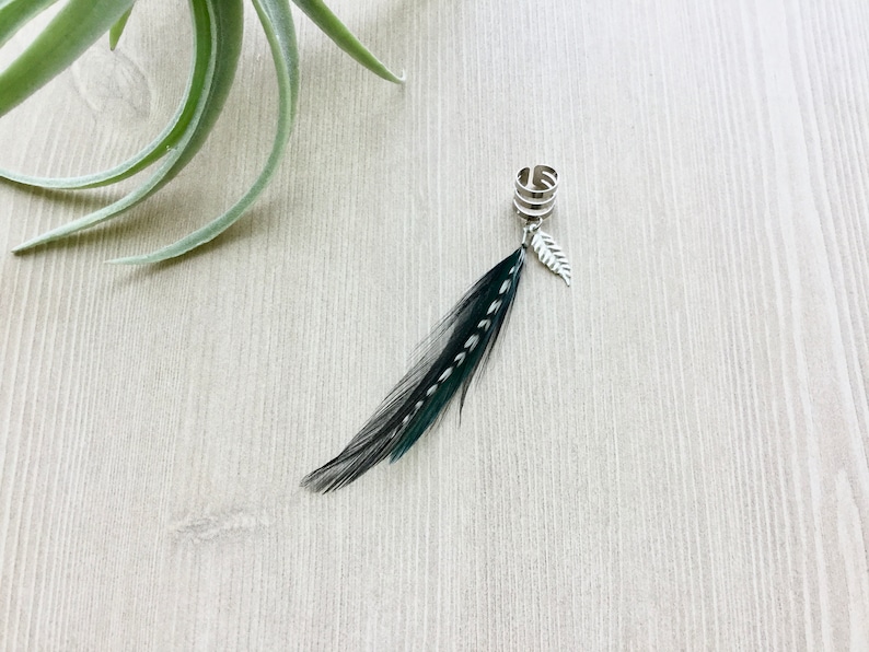 Feather Ear Cuff, Ear Clip, Silver Cuff, Teal and Black Feather Jewelry, Renaissance Style, Boho SINGLE image 4